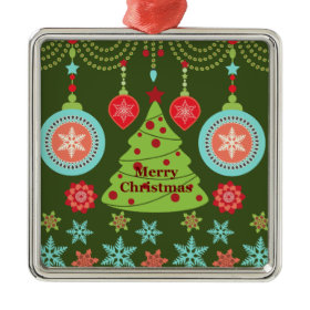 Retro Holiday Merry Christmas Tree Snowflakes Ornament