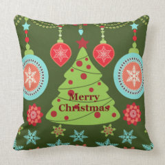 Retro Holiday Merry Christmas Tree Snowflakes Throw Pillow
