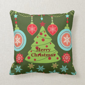 Retro Holiday Merry Christmas Tree Snowflakes Throw Pillow
