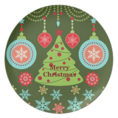Retro Holiday Merry Christmas Tree Snowflakes Party Plates