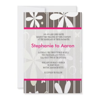Retro Hot Pink and Gray Floral Wedding Invitation invitation