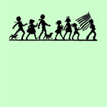 Retro Independence Day Parade T-Shirt - Cute t-shirt features a retro silhouette of boys and girls marching together in an Independent Day parade with the US flag unfurled in front.