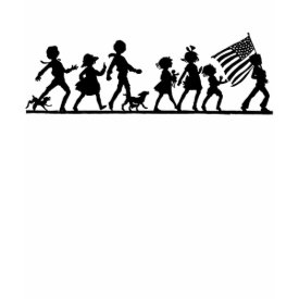 Retro Independence Day Parade T-Shirt - Cute t-shirt features a retro silhouette of boys and girls marching together in an Independent Day parade with the US flag unfurled in front. Retro Independence Day Parade T-Shirt - Cute t-shirt features a retro silhouette of boys and girls marching together in an Independent Day parade with the US flag unfurled in front.