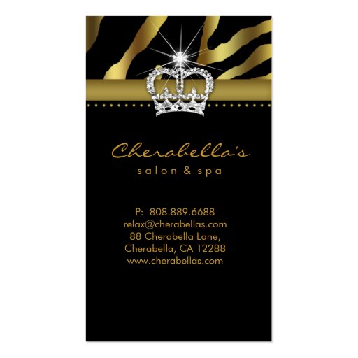 Retro Jewelry Salon Spa Business Card Zebra Crown (back side)