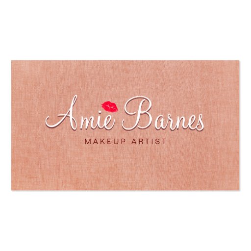 Retro Kissing Lips Makeup Artist Peach Linen Look Business Cards (front side)