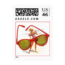 Retro Lady Behind Red sunglasses Postage Stamps