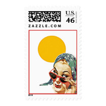Retro Lady Behind Red sunglasses Postage Stamps