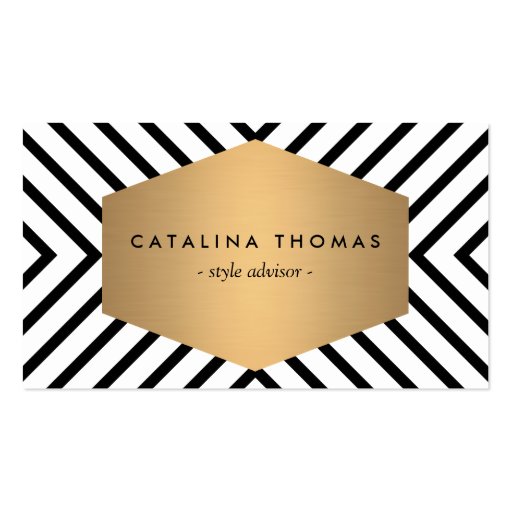 Retro Mod Black and White Pattern with Gold Emblem Business Card Template (front side)