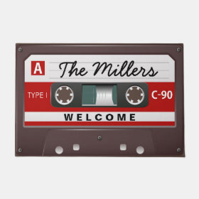 Retro Music Cassette Look with Welcome Family Name Doormat