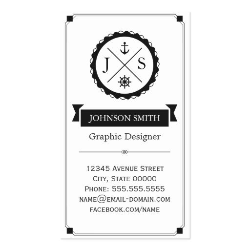 Retro Nautical Anchor Monogrammed Business Card Templates (front side)