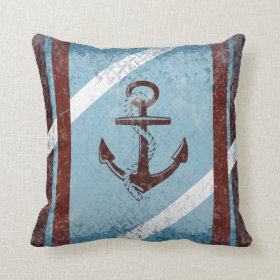 Retro Nautical Anchor Red Blue Grunge Distressed Pillow