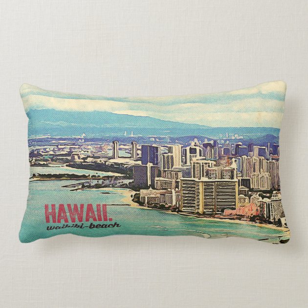 Retro Old Look Hawaii Oahu Island Waikiki Beach Throw Pillow