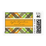 Retro Orange Green Check Plaid Invitation Postage
