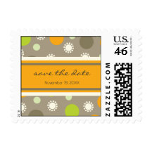 Retro Orange Green Dots Save Date / RSVP Postage