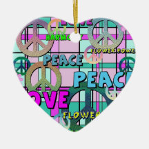 Retro Peace and Flower Power Pink Plaid Christmas Ornaments