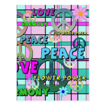 Retro Peace and Flower Power Pink Plaid Postcards