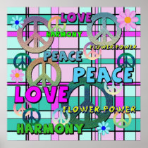 Retro Peace and Flower Power Pink Plaid Posters