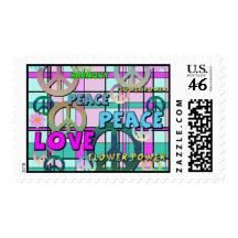 Retro Peace and Flower Power Pink Plaid Stamp
