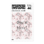 retro pink black flowers, She's Here! Stamp