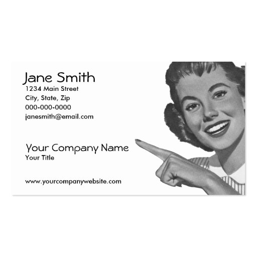 Retro Pointing Woman Business Cards (front side)