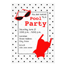 Retro Pool Party - Cat Eye Sunglasses Red Swimsuit Invitation