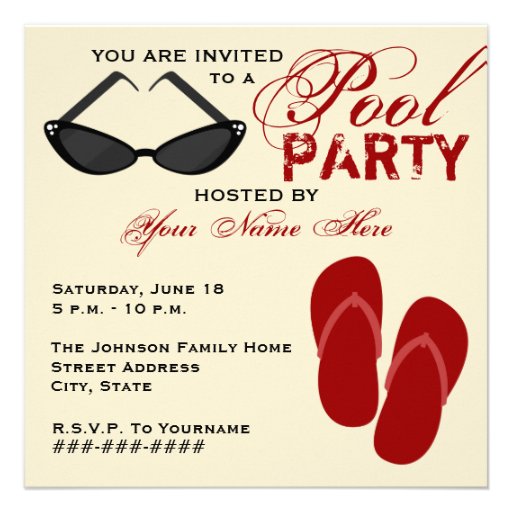 Retro Pool Party Invite Flip Flops & Sunglasses