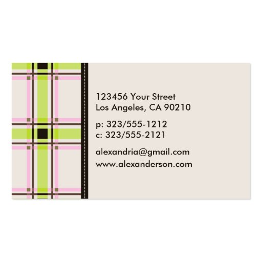 Retro Preppy Plaid Business Cards (lime/pink) (back side)