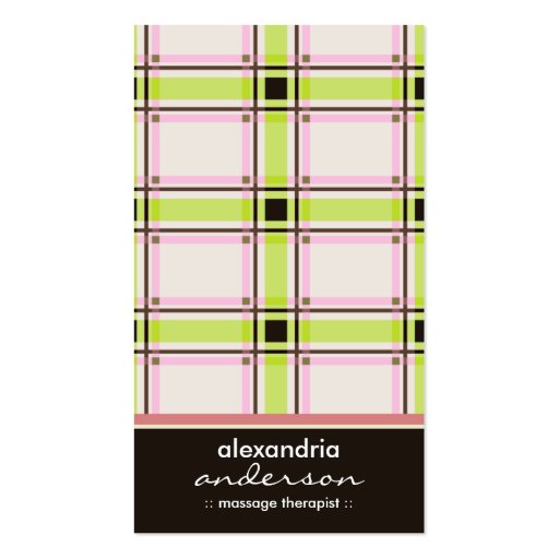 Retro Preppy Plaid Business Cards (lime/pink) (front side)