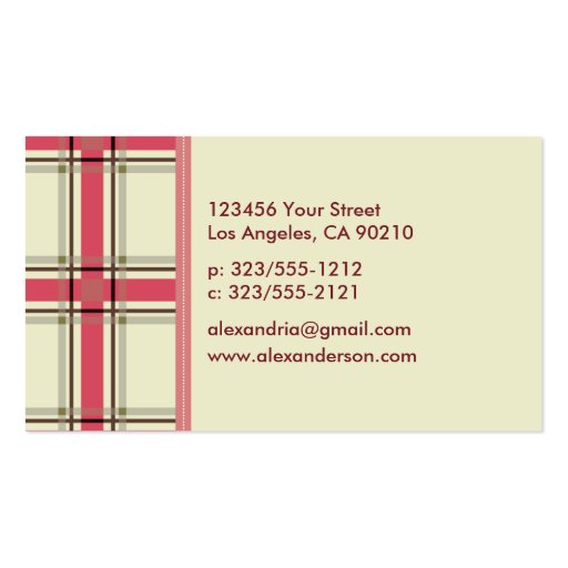Retro Preppy Plaid Business Cards (silver/pink) (back side)