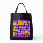 Retro purple and violet squares on yellow tote bags