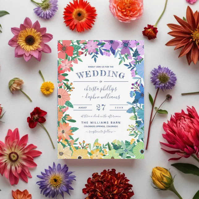 Retro Rainbow Flowers Gay Lesbian Wedding Invitation Zazzle