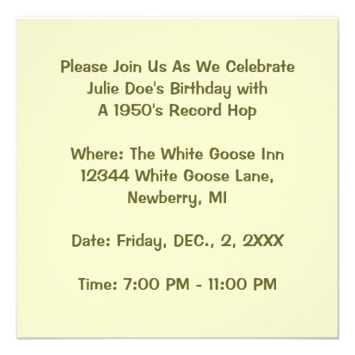 Retro Record Hop Sock Hop Jukebox Music Invitation