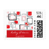 Retro Red Cherry Squares Save The Date Postage postage by fat_fa_tin Retro Red Cherry Squares Save The Date Postage postage