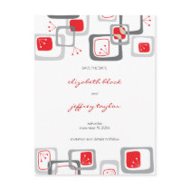 Retro Red Cherry Squares Save The Date Postcard by fat_fa_tin Retro Red Cherry Squares Save The Date Postcard