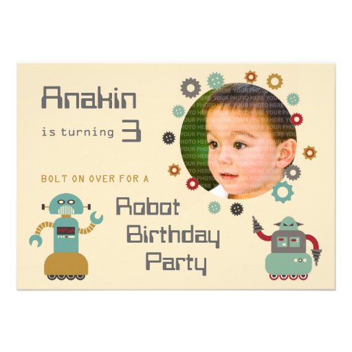 Retro Robot Party Birthday Photo Invitation
