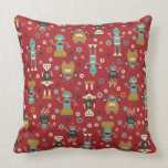 Retro Robots (Red) Throw Pillow pillows