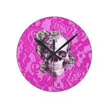 Retro Rose Skull on magenta lace. Round Wall Clocks