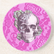 Retro Rose Skull on magenta lace. coasters