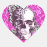 Retro Rose Skull on magenta lace. Heart Sticker