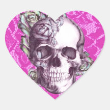 Retro Rose Skull on magenta lace. Heart Sticker