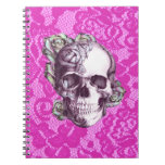 Retro Rose Skull on magenta lace. Note Book