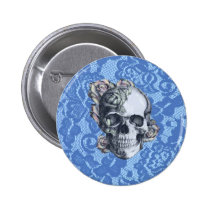 Retro Rose Skull on soft blue lace. buttons
