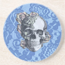 Retro Rose Skull on soft blue lace. coasters