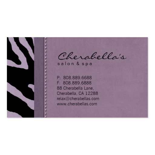 Retro Salon Spa Business Card Zebra Purple (back side)
