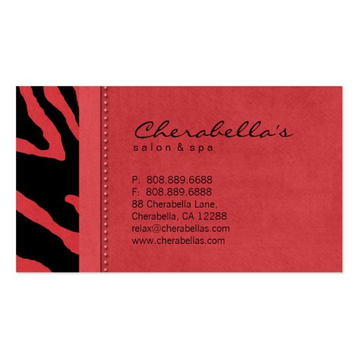 Retro Salon Spa Business Card Zebra Red (back side)