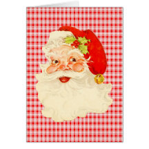 Retro Santa on Plaid Greeting Cards