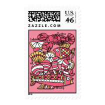 Retro Seafood Postage Stamp by pinkinkart Retro Seafood Postage Stamp
