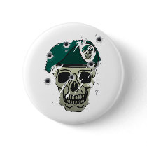 Retro skull and beret military motif pinback buttons