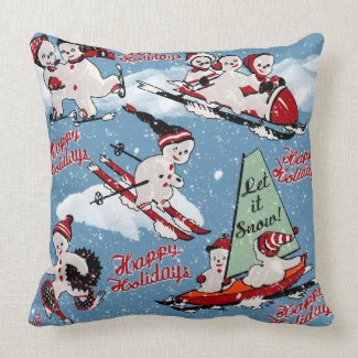 Retro Snowmen Winter Sports on Blue Throw Pillow