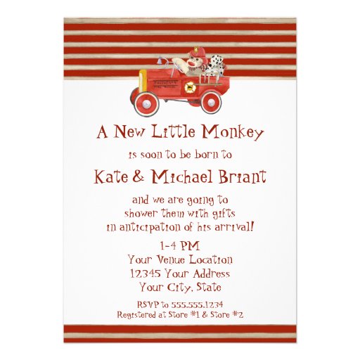 Retro Sock Monkey w Fire Engine Baby Boy Gifts Personalized Invitations